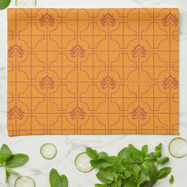 Golden Lotus Grid Pattern - The White Lotus Tea Towel (Folded)