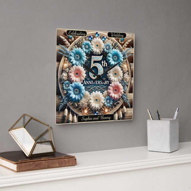 Golden Love: 5th Anniversary Design Square Wall Clock (Office)