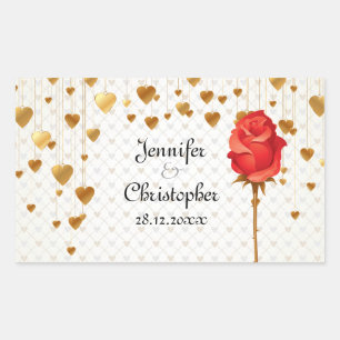 Golden Love Hearts and Rose Wedding Rectangular Sticker