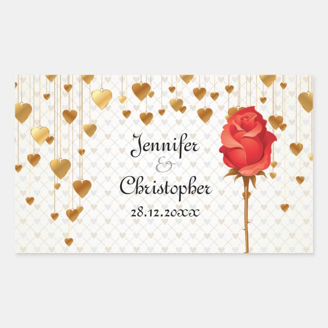 Golden Love Hearts and Rose Wedding Rectangular Sticker (Front)