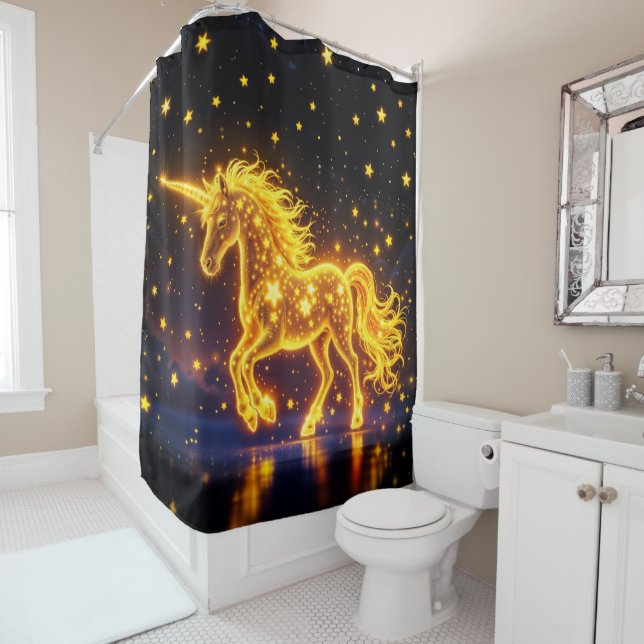 Golden lovely unicorn glow cute magic neon shower curtain (In Situ)