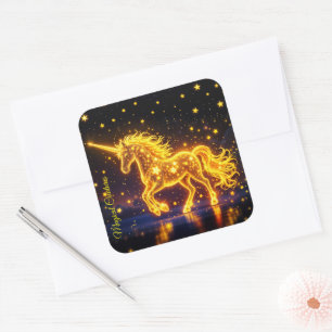 Golden lovely unicorn glow cute magic neon square sticker