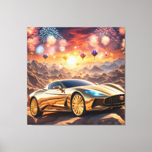 golden luxury car in a desert landscape canvas print
