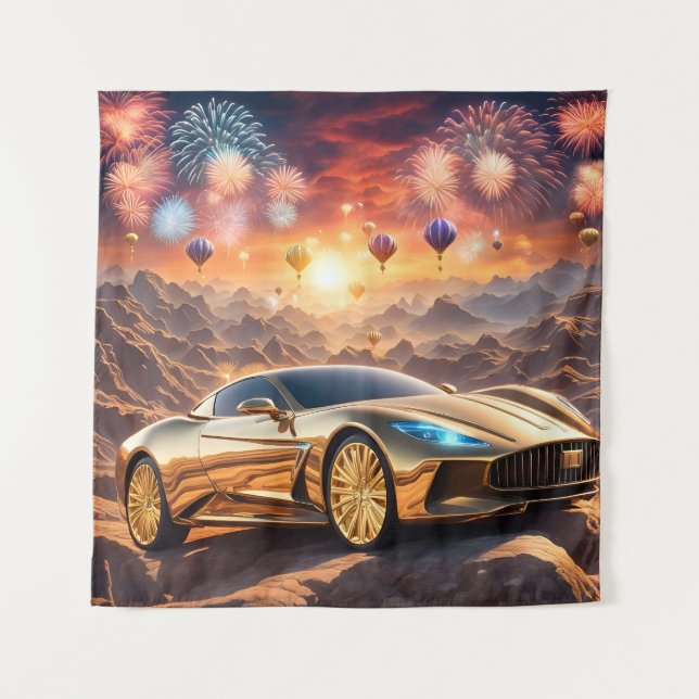 golden luxury car in a desert landscape tapestry (Front)