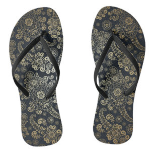 Golden Luxury Paisley on Black Background Thongs