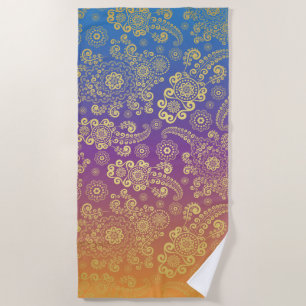 Golden Luxury Paisley on Blue, Purple and Orange Beach Towel