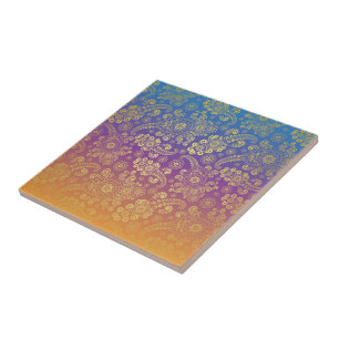 Golden Luxury Paisley on Blue, Purple and Orange Ceramic Tile