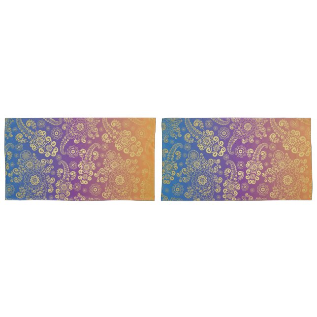 Golden Luxury Paisley on Blue, Purple and Orange Pillowcase (Front-Set)