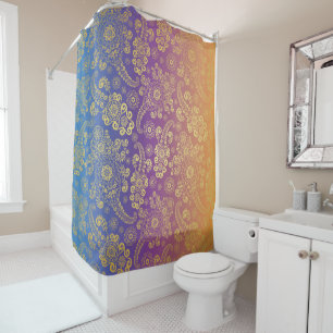 Golden Luxury Paisley on Blue, Purple and Orange Shower Curtain