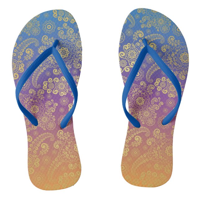 Golden Luxury Paisley on Blue, Purple and Orange Thongs (Footbed)