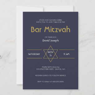 Golden Magen navy blue David Bar Mitzvah Invitation