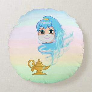 Golden magic lamp and genie on pastel colours round cushion