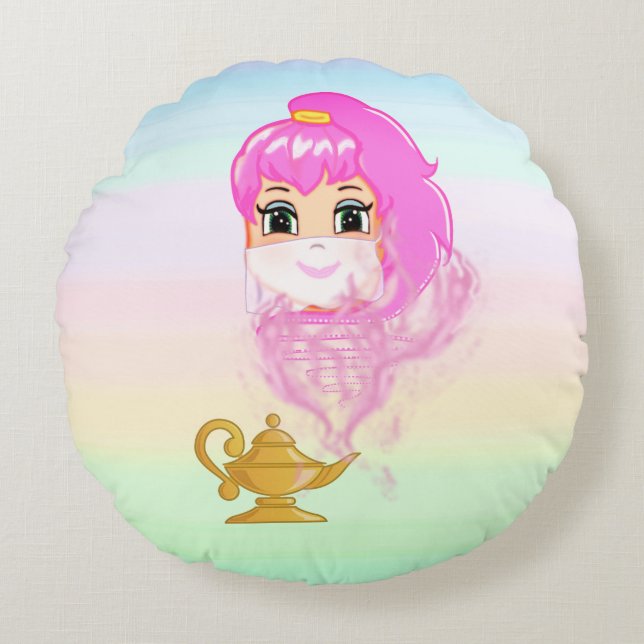 Golden magic lamp and genie on pastel colours round cushion (Front)