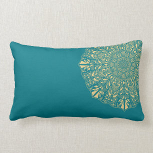Golden Mandala against Teal Background Lumbar Cushion