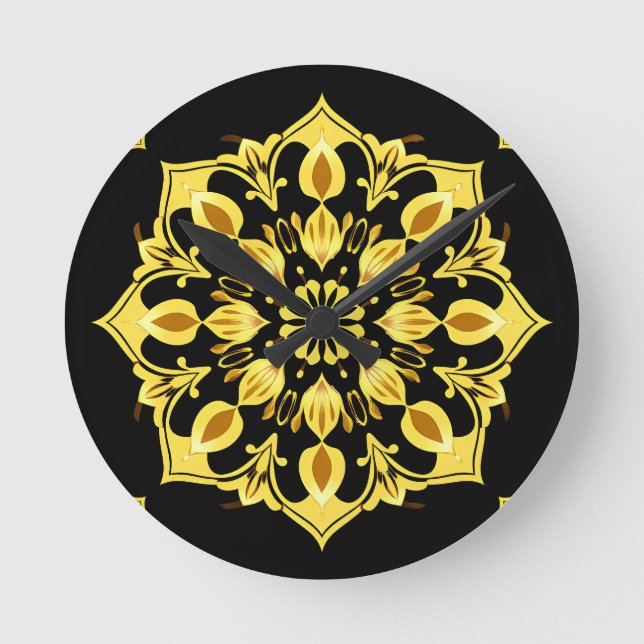 Golden Mandala Design With Symmetrical Patterns Round Clock (Front)