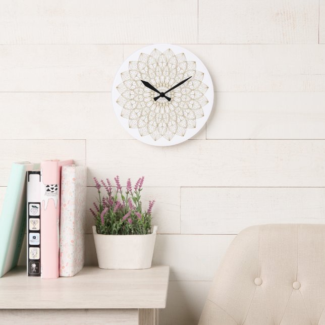 Golden Mandala Digital Illustration - Elegant Zen  Large Clock (Reading Room)