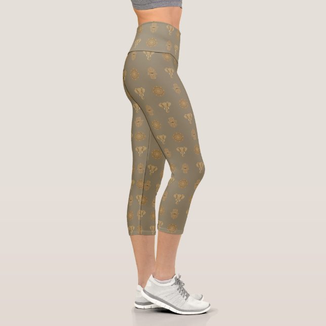 Golden Mandala Elephant Hamsa | Boho Asian Graphic Capri Leggings (Right)
