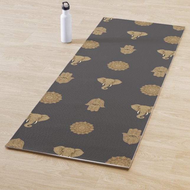 Golden Mandala Elephant Hamsa Hand -Boho Art Print Yoga Mat (In Situ)