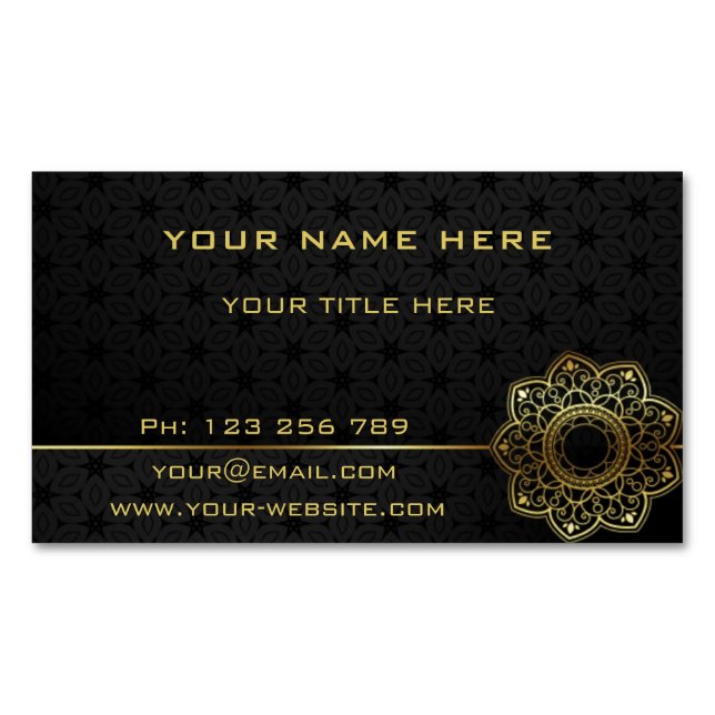 Golden Mandala Flower Gold Text Black Professional Magnetic Business Card (Front)