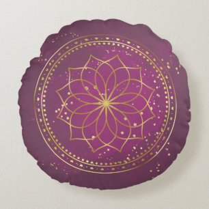 Golden Mandala on Plum   Elegant Sacred Geometry A Round Cushion
