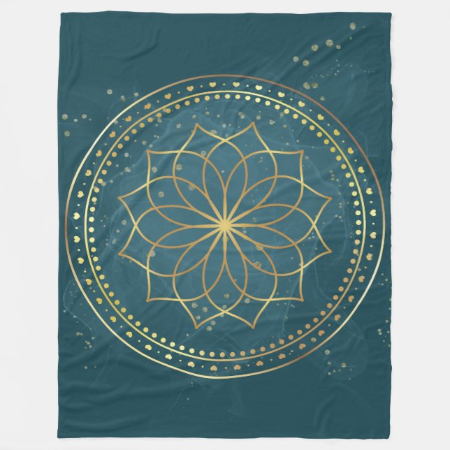 Golden Mandala on Teal  Fleece Blanket (Front)