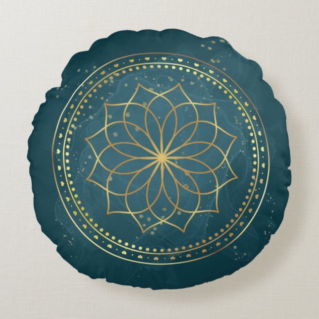 Golden Mandala on Teal  Round Cushion (Front)