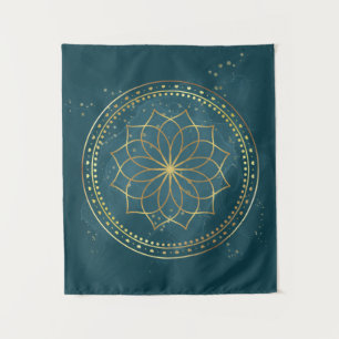Golden Mandala on Teal  Tapestry