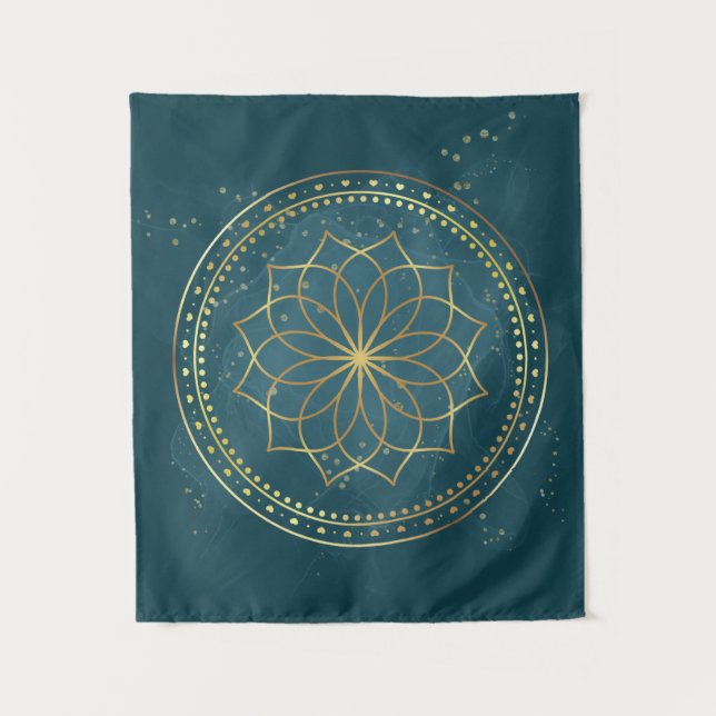 Golden Mandala on Teal  Tapestry (Front)