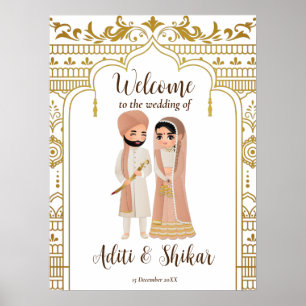 Golden mandap border Indian couple welcome Poster