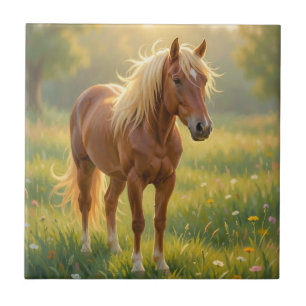 Golden Mane Horse Wildflower Meadow Ceramic Tile