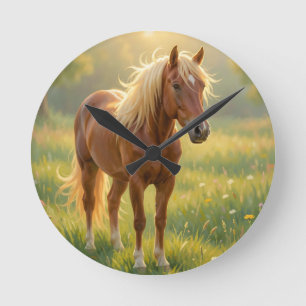 Golden Mane Horse Wildflower Meadow Round Clock