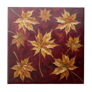 Golden Maple Leaves Autumn Painting Ceramic Tile