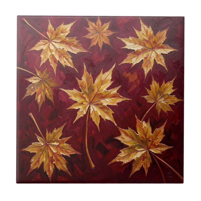 Golden Maple Leaves Autumn Painting Ceramic Tile (Front)