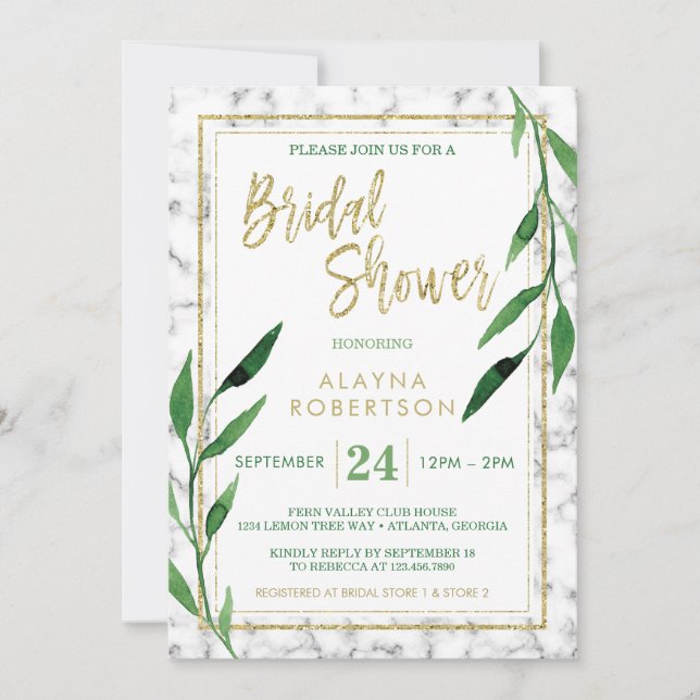 Golden Marble Bridal Shower Invitation, Greenery Invitation (Front)