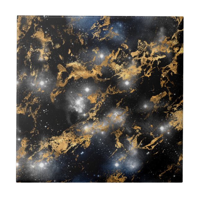 Golden Marble Dark Starry Night Space Lover Galaxy Ceramic Tile (Front)
