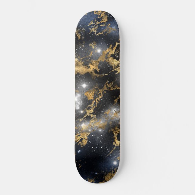 Golden Marble Dark Starry Night Space Lover Galaxy Skateboard (Front)
