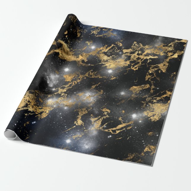 Golden Marble Dark Starry Night Space Lover Galaxy Wrapping Paper (Unrolled)