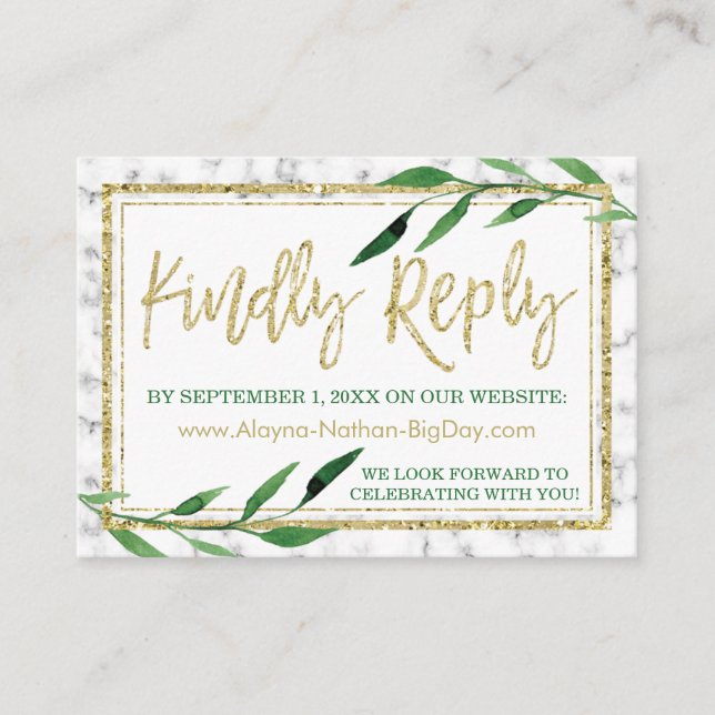 Golden Marble Wedding RSVP Card, Greenery Enclosure Card (Front)