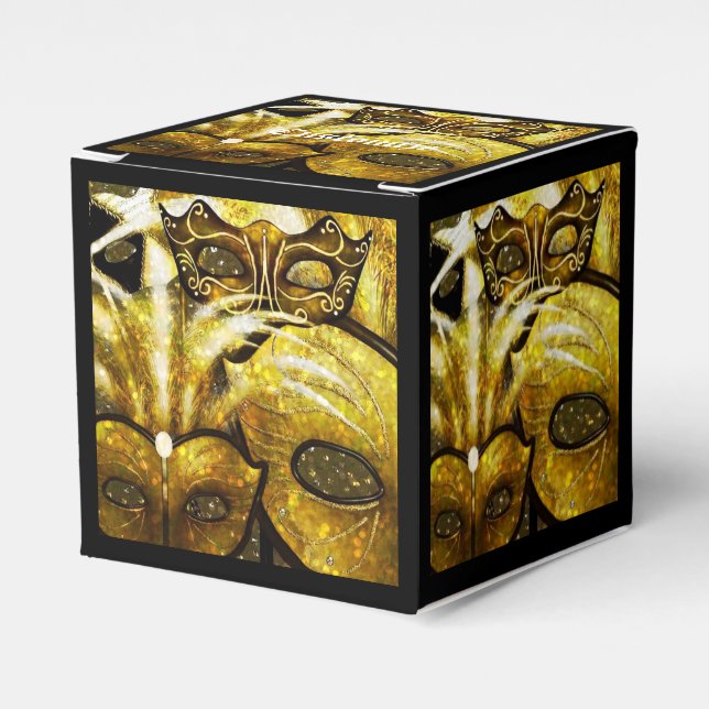 Golden Mardi Gras Masks Cube Favour Box (Front Side)