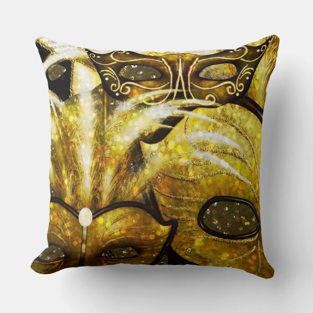 Golden Mardi Gras Masks Throw Pillow (Front)