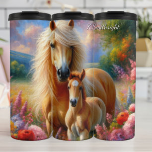 Golden Mare Foal Floral Meadow Thermal Tumbler