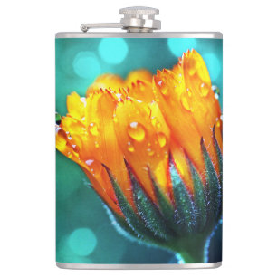 Golden Marigold on Teal Bokeh  Hip Flask