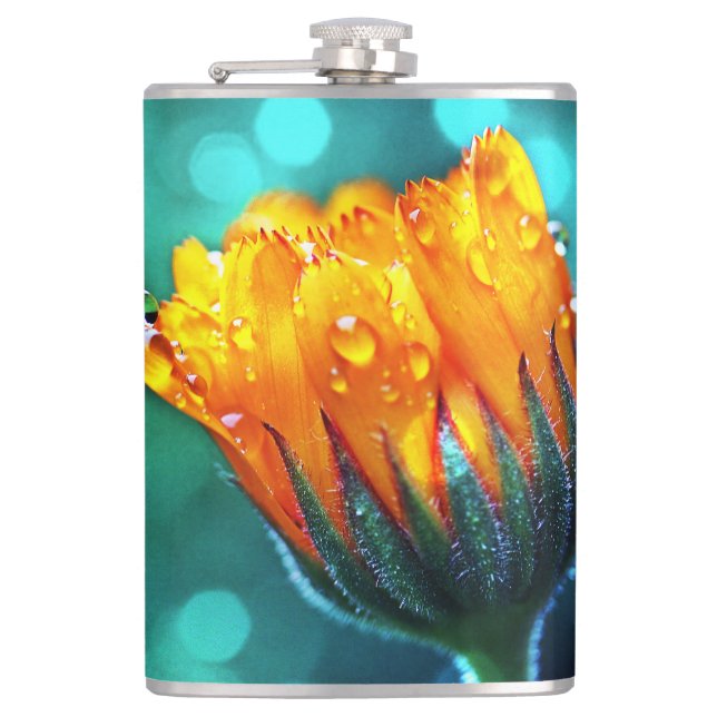 Golden Marigold on Teal Bokeh  Hip Flask (Front)