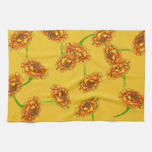 Golden Marigolds Floral Botanical Art on Yellow Tea Towel