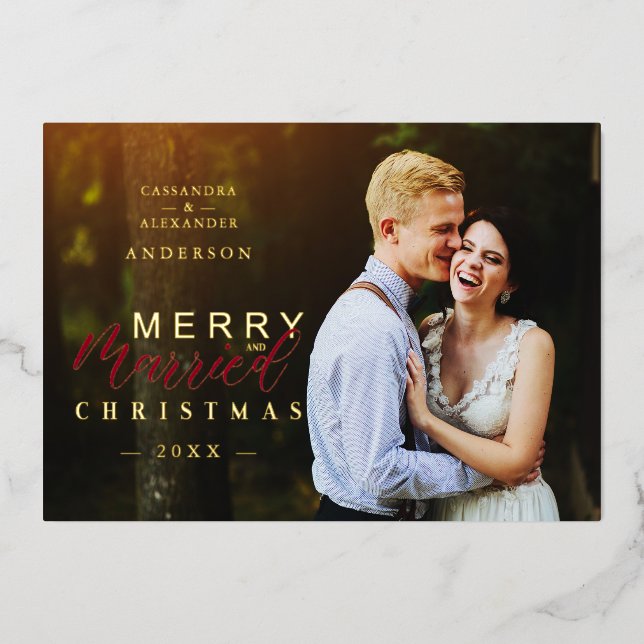 Golden Married & Merry Newlyweds Photo Christmas Foil Holiday Card (Front)
