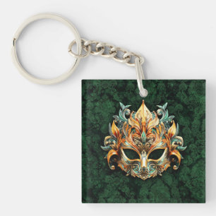Golden Mask on Forest Green Background Key Ring