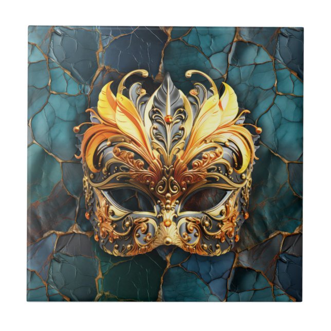 Golden Mask on Teal-Blue Marble Ceramic Tile (Front)