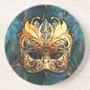 Golden Mask on Teal-Blue Marble Coaster