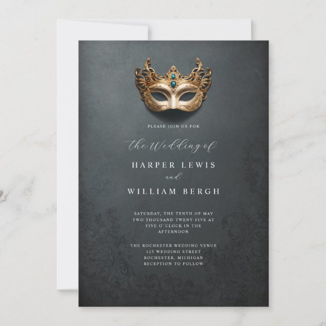 Golden masquerade mask wedding invitation (Front)