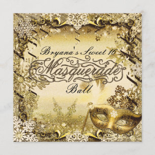 Golden Masquerade Mask & Winter Snowflakes Elegant Invitation